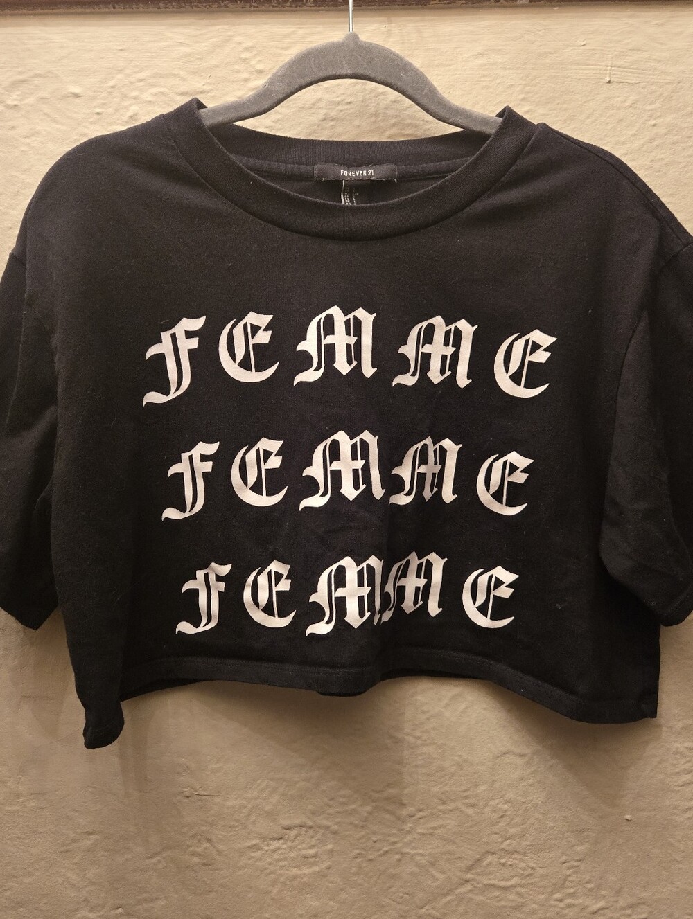 Forever 21 Black Crop Top with White "FEMME" Print